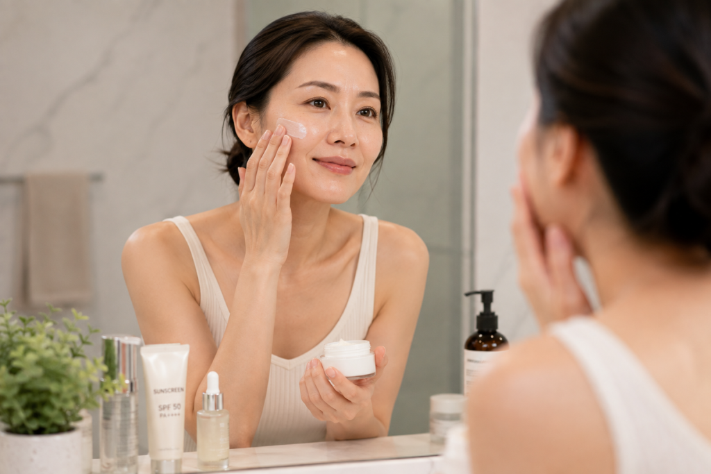 Woman applying skincare as part of an at-home skin rejuvenation routine