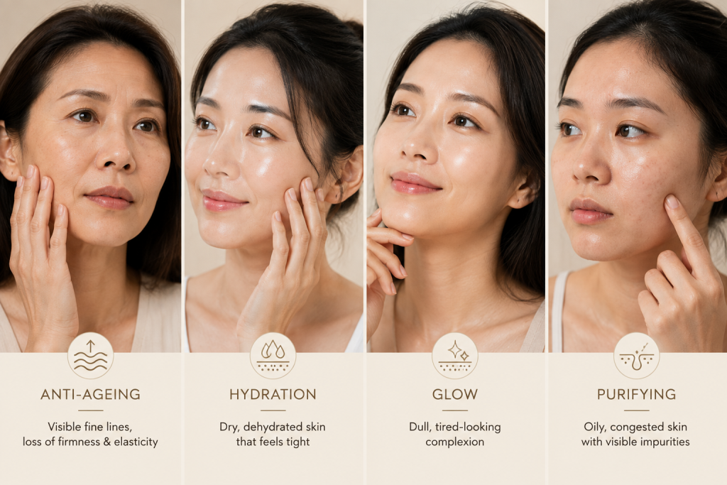 FountainCell™ treatments for different skin concerns including anti-ageing, hydration, glow and purifying