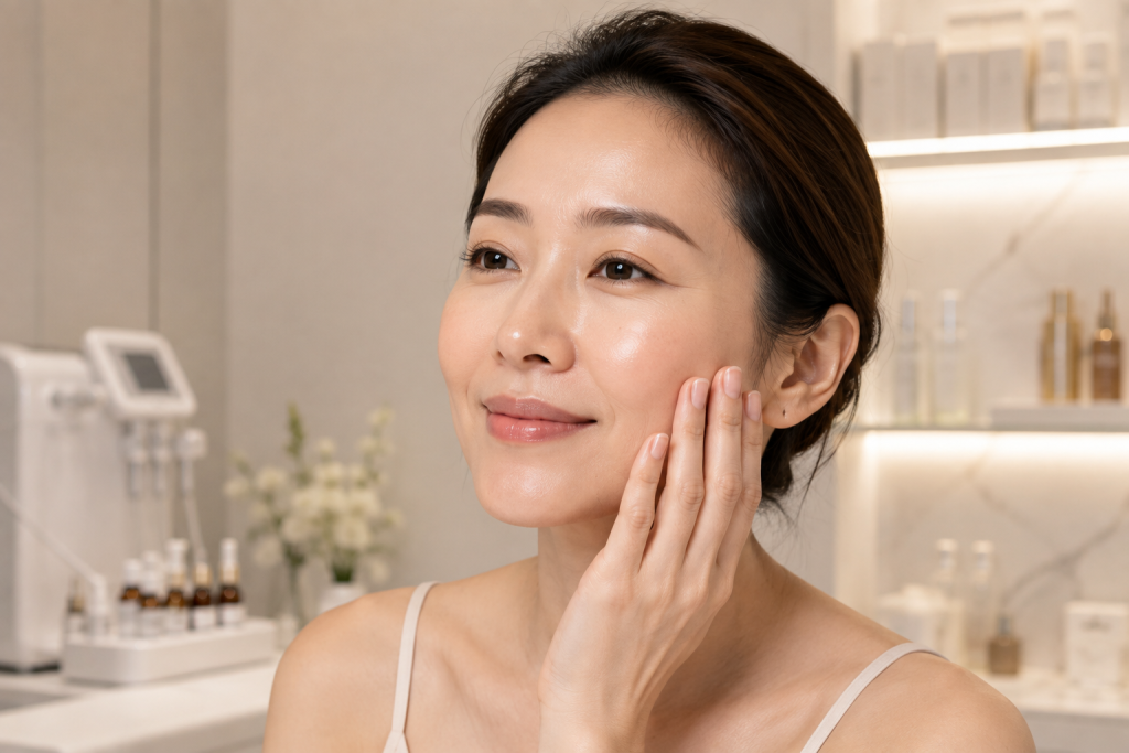 Woman with healthy-looking skin after a professional skin rejuvenation treatment
