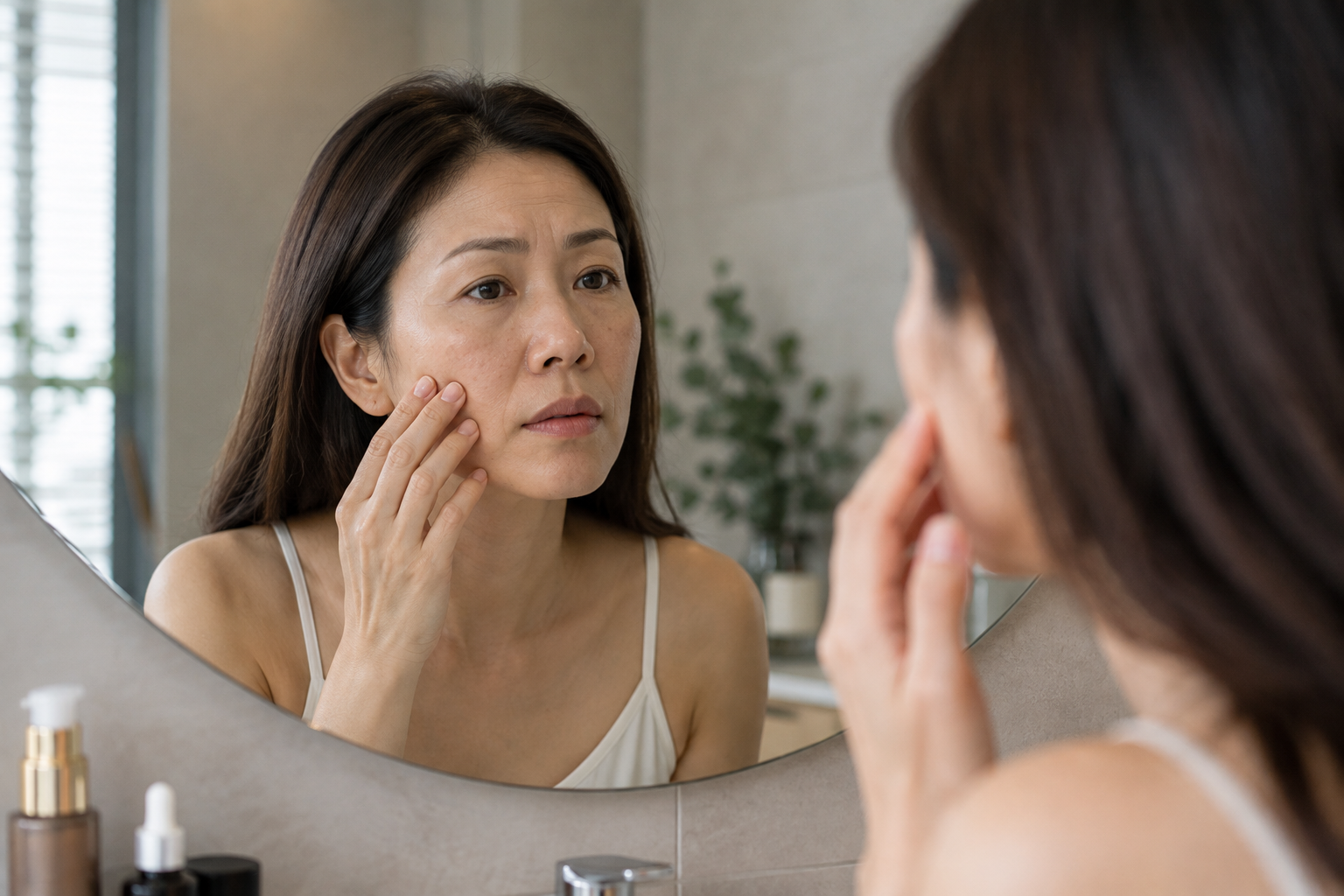 Woman examining visible signs of skin ageing in a mirror